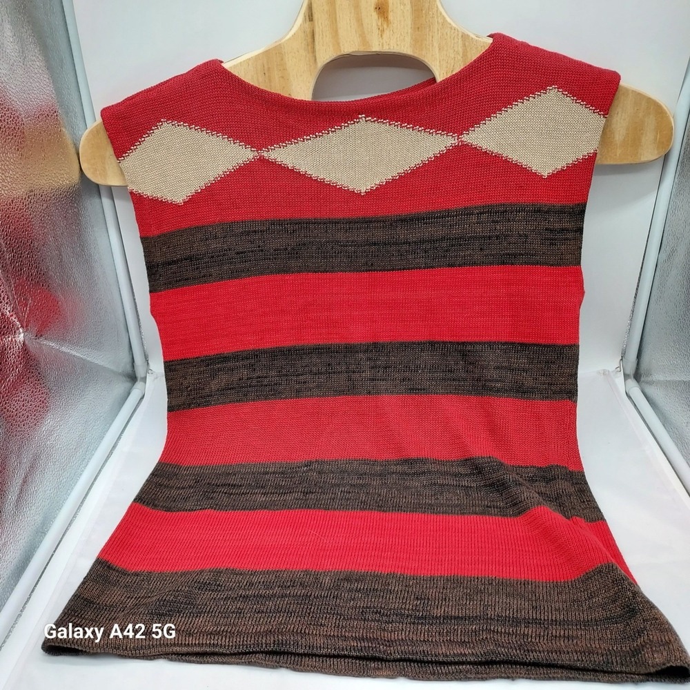 LAUREN‎ Ralph Lauren Knit Tank Top Striped Argyle Sleeveless XL Red Brown Beige